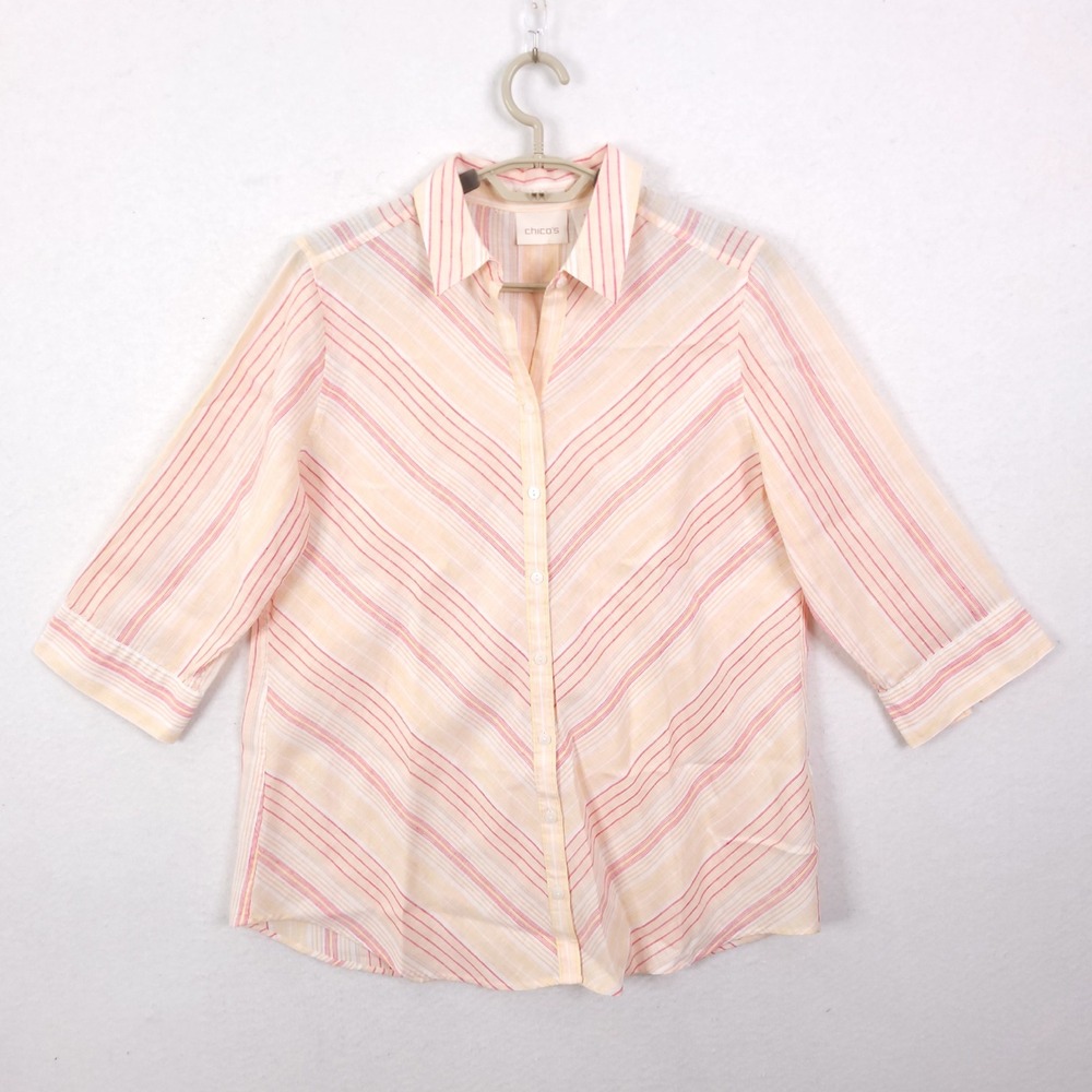 Chicos Top Tunic Size 1/M No Iron 100% Linen Striped Button Up 3/4 Sleeve